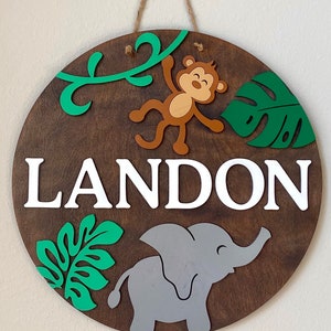 Personalized Jungle Safari Sign for Baby Nursery Decor, Round Custom Name Sign for Kids Room, Door Hanger, Custom Shower Gift, 3D sign
