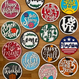 Seasonal Wood Attachment for Interchangeable Sign, 3D Cutout Inserts, Small Countertop Wreath & Stand, Housewarming Gift