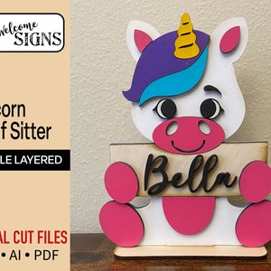Cyfrowy Jednorożec Półka Sitter, Personalizowany, Glowforge Laser Cut Gotowy Plik, SVG, Dekoracja Dziewczęcego Pokoju, Znak Imienia Dziecka, Projekty Rzemieślnicze DIY