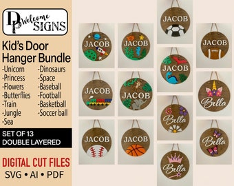 Digital Kid’s Room Door Hanger Bundle, Glowforge Laser Cut Ready File, SVG, Nursery Decor, Baby Name Signs, DIY Craft Projects for Beginners