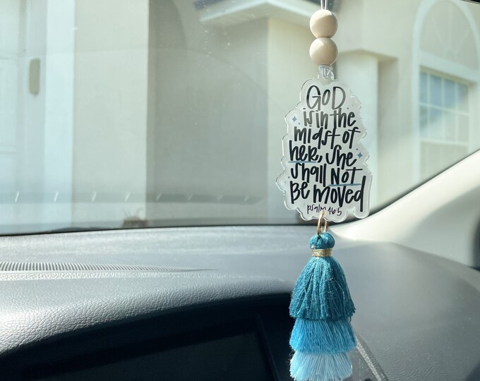 God is in the Midst of Her Carminder, Tassel Car Hanger, Acrylic Tassel