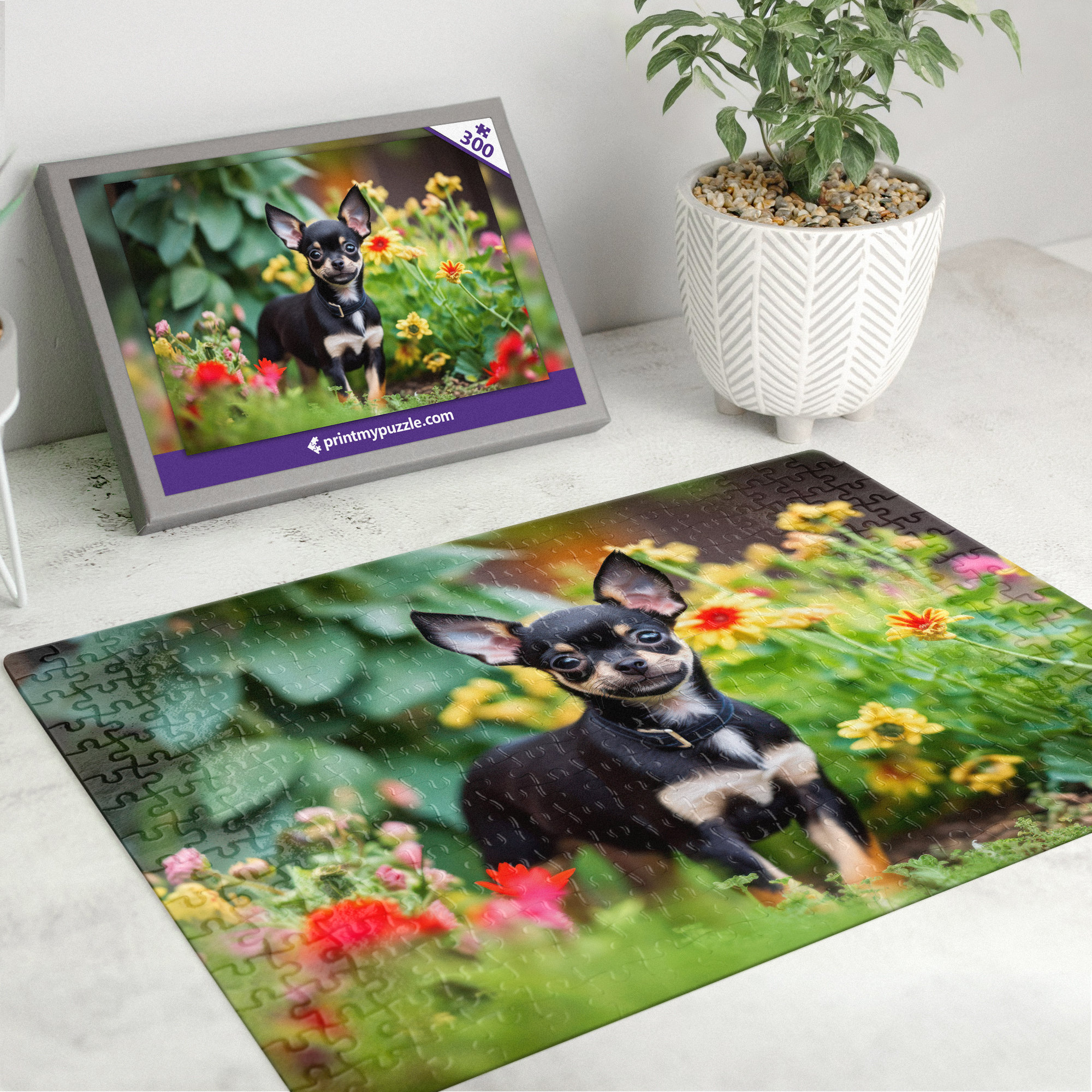 Cute Fluffy Chihuahua Dog Near Blossoming 829 Jigsaw Puzzle by