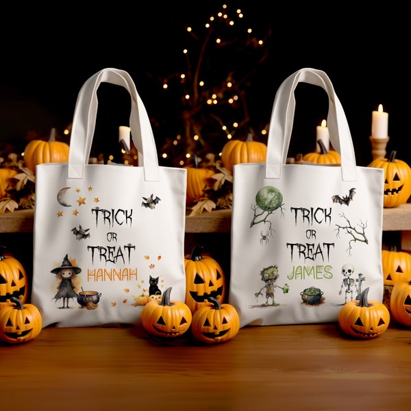 Sac d’Halloween personnalisé pour Trick or Treat | Ajouter des initiales de nom personnalisées, cadeau pour enfants, accessoire de citrouille effrayant et effrayant, Jack-O-Lantern