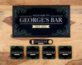 Custom Bar Accessory Set | Rubber Bar Mat, Premium Cork Coasters & Steel Bottle Opener Bar Blade | Personalised Name Runner Multiple Colours