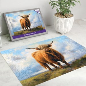 Highland Kuh 300 Teile Puzzle | Ölgemälde von einem Bauernhof Tier Landschaft Feld | Rustikale Illustration Malerei Bauernhof Kuhrind