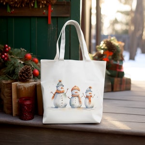 Draagtas kerstmis met drie sneeuwmannen | Herbruikbare feestelijke shopper Winkelen Feestdag Cadeau Boodschappentas voor het leven Karakterillustratie