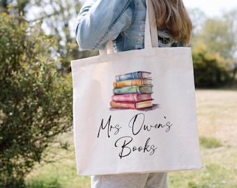 Custom Teacher Tote Bag "Books" | Personalised Teacher Gift Jute Thank You Present Name Initials Monogram Leaving School TA Women
