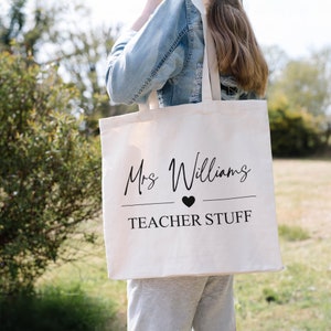 Custom Teacher Tote Bag "Teacher Stuff" |  Personalised Teacher Gift Jute Thank You Present Name Initials Monogram Leaving School TA Women