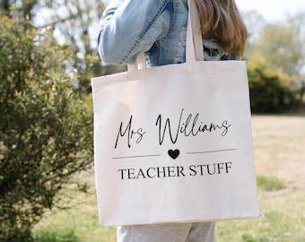 Custom Teacher Tote Bag "Teacher Stuff" |  Personalised Teacher Gift Jute Thank You Present Name Initials Monogram Leaving School TA Women