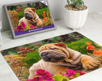 Shar Pei Puzzle 300 Piece Jigsaw – Floral Garden Adorable Pet Puzzle Puppy Dog Lover Gift Fawn Brown Yellow