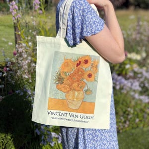 Van Gogh Tote Bag &quot;Vase with Twelve Sunflowers&quot; |  Art Print on Tote Bag of Painting by Vincent Van Gogh | Shopping Bag Plant Garden White