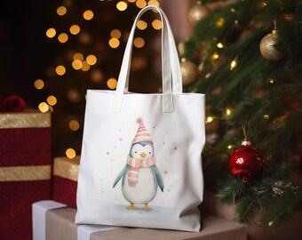 Penguin Christmas Tote Bag | Reusable Festive Shopper Shopping Holiday Gift Shopping Bag for Life Character Illustration