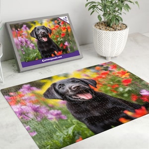 Black Labrador Puzzle 300 Piece Jigsaw – Floral Garden Adorable Pet Puzzle Puppy Dog Lover Gift Labs Retriever