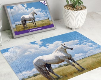 Puzzle 300 pièces Cheval Blanc | Peinture à l'huile d'un champ de campagne d'animaux de ferme | Illustration Rustique Peinture Basse Cour Poney Équin