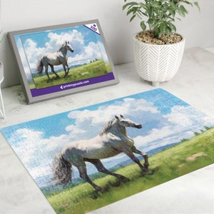 Graues Pferd 300 Teile Puzzle | Ölgemälde von einem Bauernhof Tier Landschaft Feld | Rustikale Illustration Bauernhof Pony Pferde