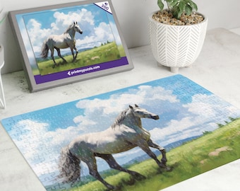 Graues Pferd 300 Teile Puzzle | Ölgemälde von einem Bauernhof Tier Landschaft Feld | Rustikale Illustration Bauernhof Pony Pferde