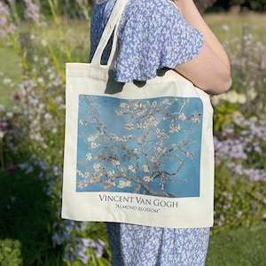 Van Gogh Tote Bag &quot;Almond Blossom&quot; |  Art Print on Tote Bag of Painting by Vincent Van Gogh | Shopping Bag Plant Garden White