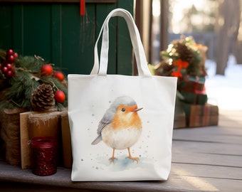 Robin Christmas Tote Bag | Reusable Festive Shopper Shopping Holiday Gift Shopping Bag for Life Character Illustration