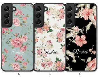 Personalised Floral Case For Samsung Galaxy S22 Case S22 Plus Case S22 Ultra Case Custom Flower Initials Name Rubber Blue Pink White Black