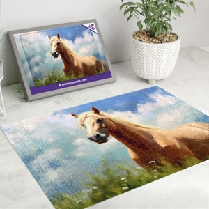 Palomino Pferd 300 Teile Puzzle | Ölgemälde von einem Bauernhof Tier Landschaft Feld | Rustikale Illustration Bauernhof Pony Pferde