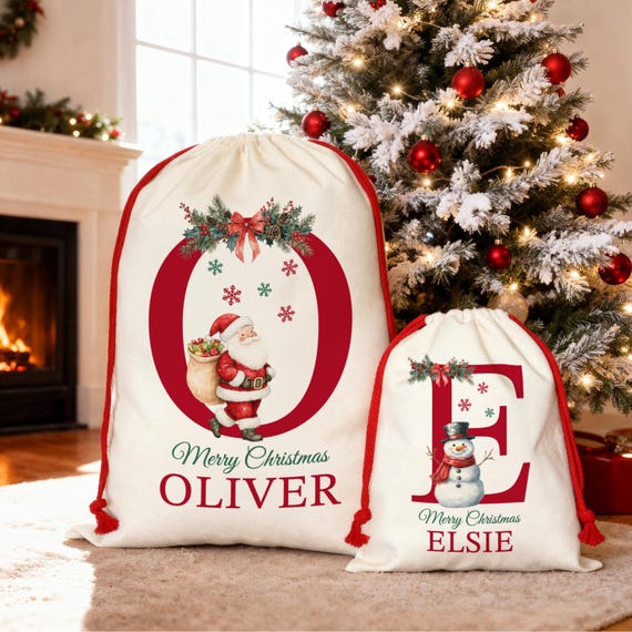 Premium Custom Santa Sack | Thick Canvas Personalised Christmas Present Gift Bag for Him Her Kids Adults | Add Name Initial Xmas Stocking