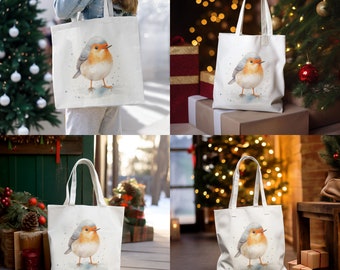 Christmas Snowman Canvas Tote Bag - Reusable Grocery Shopping Bag With Handles, White, 14x15 Inches
