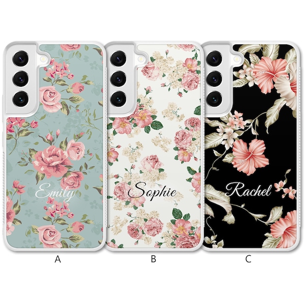 Personalised Floral Case For Samsung Galaxy S22 Case S22 Plus Case S22 Ultra Case Custom Flower Initials Name Rubber Blue Pink White Black