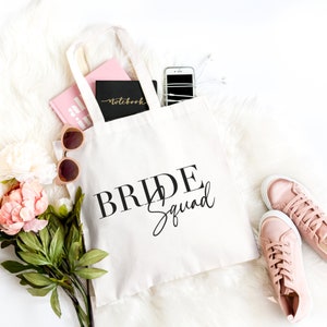 Die Braut-Einkaufstasche Hochwertige Canvas Tragetasche für Henne Party Verlobung Geschenk Edel Hen Do Hochzeitstag Die Braut Bride Squad
