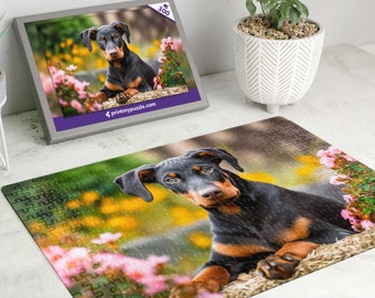 Doberman Puzzle 300 Piece Jigsaw – Floral Garden Adorable Pet Puzzle Puppy Dog Lover Gift Black Tan Rust