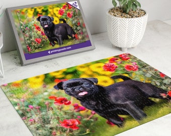 Pug Puzzle 300 Piece Jigsaw – Floral Garden Adorable Pet Puzzle Puppy Dog Lover Gift Black Doug the Pug