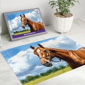 Kastanienpferd 300 Teile Puzzle | Ölgemälde von einem Bauernhof Tier Landschaft Feld | Rustikale Illustration Bauernhof Pony Pferde