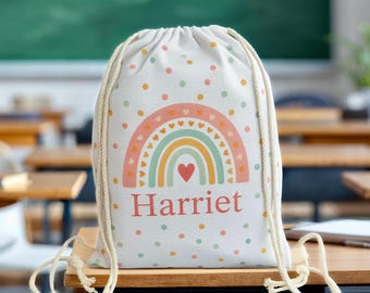 Personalised Kids Premium Canvas Drawstring Backpack | Pastel Rainbow Polka Dot School & PE Kit Bag, Washable No-Fade Print (40 x 30 cm)