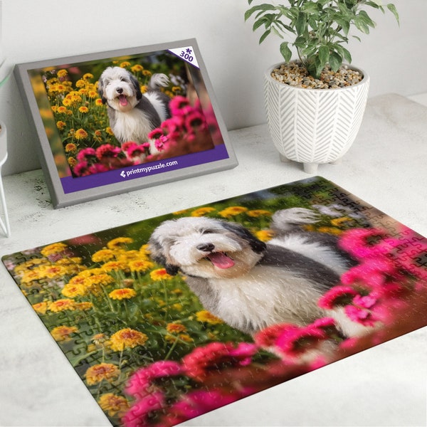 Old English Sheepdog Puzzle 300 Piece Jigsaw – Floral Garden Adorable Pet Puzzle Puppy Dog Lover Gift Grey White