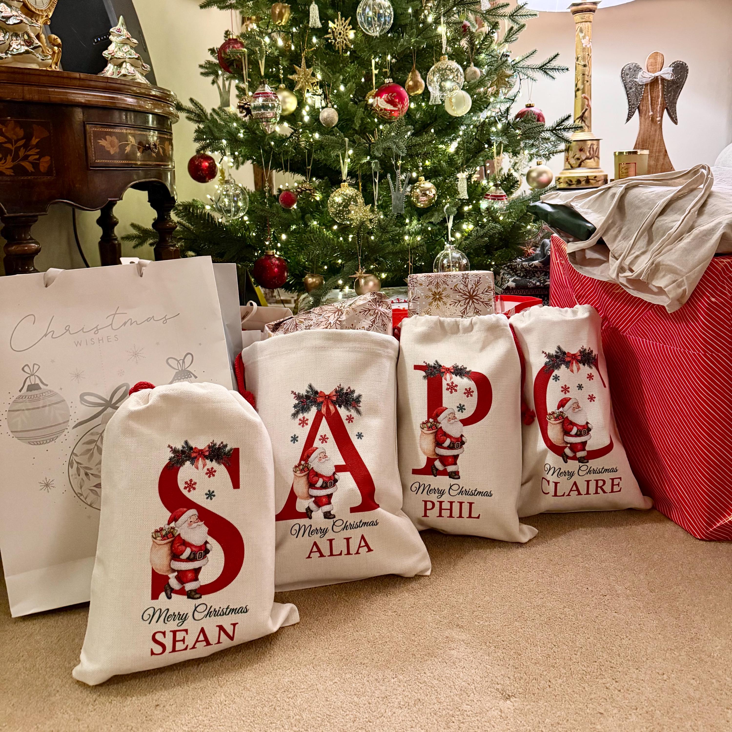 Premium Custom Santa Sack | Thick Canvas Personalised Christmas Present Gift Bag for Him Her Kids Adults | Add Name Initial Xmas Stocking