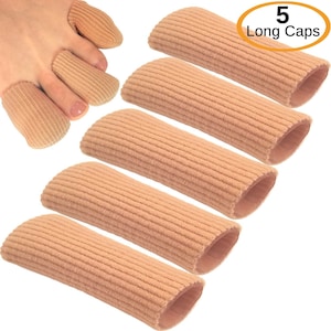 May include: Five beige toe caps made of soft, textured fabric. The toe caps are designed to protect toes from blisters and friction.