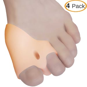May include: A set of four beige toe separators designed to help correct bunions and hammertoes. The separators are made of a soft, flexible material and are designed to be comfortable to wear.