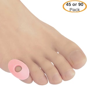 May include: A close-up of a pink toe separator with a hole in the center. The separator is on a person's toe. The text "45 or 90 Pack" is visible in the image.