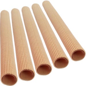 May include: Five beige silicone toe protectors. The toe protectors are ribbed and have a round opening at one end.