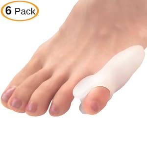 May include: A close-up of a white silicone toe separator. The toe separator is designed to help with bunions and hammertoes. The image shows the toe separator being worn on a person's foot. The image also includes the text "6 Pack".
