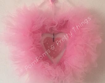 Pink Heart, Valentine Gift, Valentine Heart, Pink Tulle Heart, Hanging Heart, Girly Bedroom Decoration, Hanging Decoration, Heart Gift