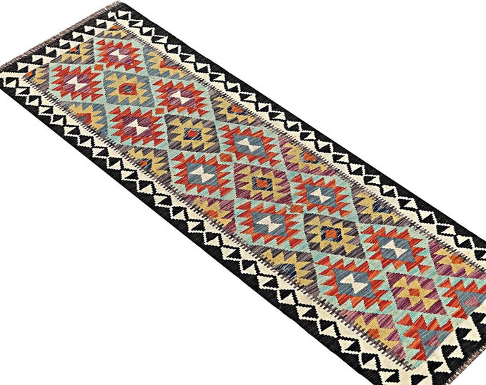 Handmade Afghan Kilim Rug: 2x6 Wool Runner, Geometric Design