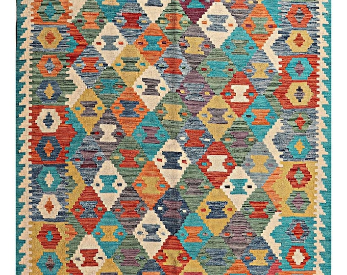 5x6 rug handmade rug 193x156cm traditional rug flatwoven rug contemporary rug Afghan kilim rug  area rug natural wool rug maimana kilim rug