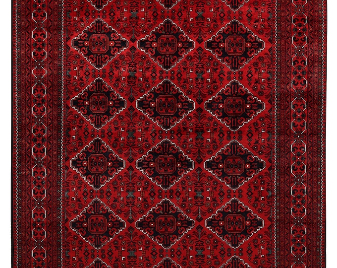 Handmade Afghan Khamyab Rug: 6x9 Dark Red Wool Geometric Rug