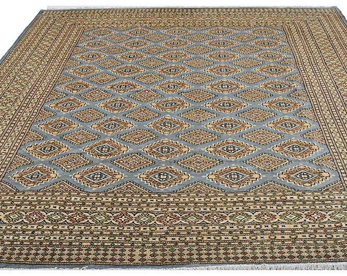 New Bokhara Rug 8x10 Traditional Handmade Authentic Pakistani Hand-knotted Bokhara rug  soft Luxury feel Oriental Wool Area rug Gray & Gold