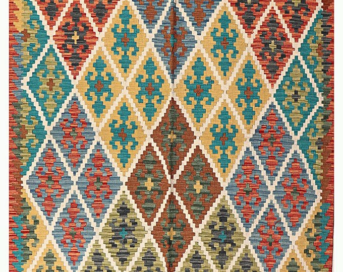5x7 rug 196x155cm Afghan kilim rug handmade rug traditional wool rug geometric flatwoven contemporary rug maimana kilim rug handwoven rug