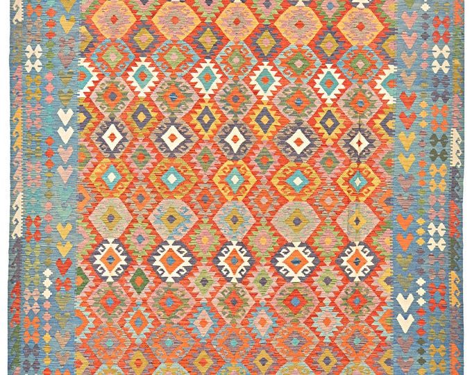 New Handmade Afghan Kilim rug 10x16ft Flatwoven Handwoven Geometric Traditional Maimana Oriental Large Wool Area Rug Natural dyes Multicolor