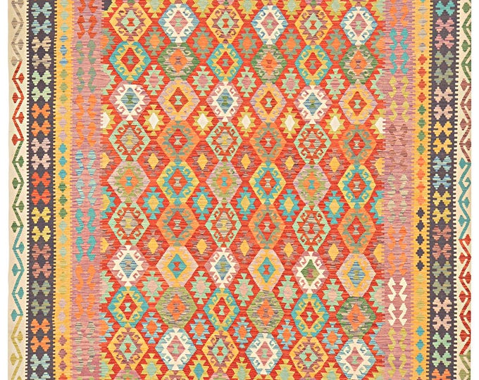 New Handmade Afghan Kilim Rug 10'x16' Flatweave Handwoven Traditional Geometric Oriental Large Maimana Wool Area Rug Natural dyes Multicolor
