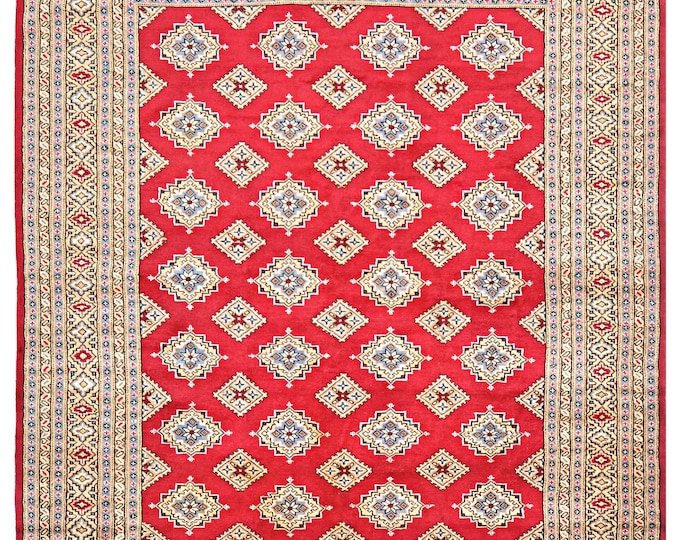 6x8 rug 243x194cm handmade traditional Pakistani hand knotted Bokhara rug super soft luxury feel oriental wool area rug classic red Bukhara