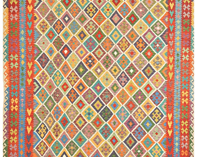New Handmade Afghan Kilim Rug 10'x16' Flatweave Handwoven Traditional Geometric Oriental Large Maimana Wool Area Rug Natural dyes Multicolor