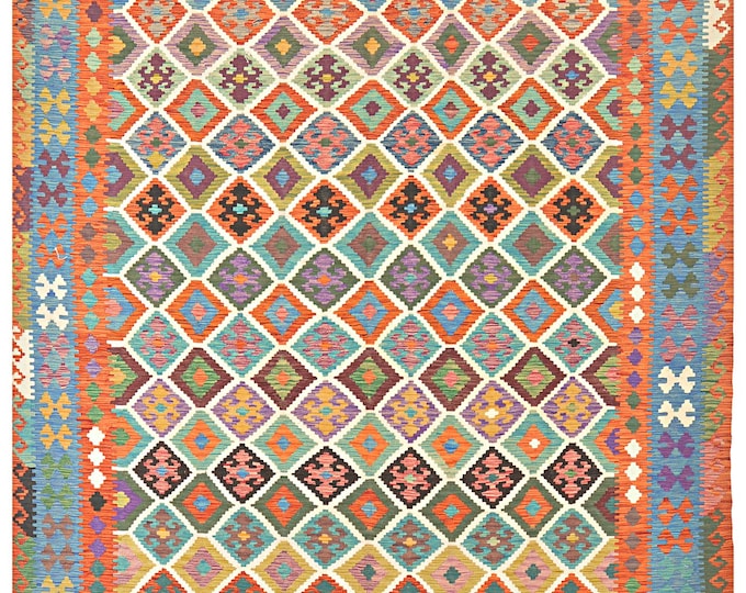 New Handmade Afghan Kilim Rug 10'x16' Flatweave Handwoven Traditional Geometric Oriental Large Maimana Wool Area Rug Natural dyes Multicolor
